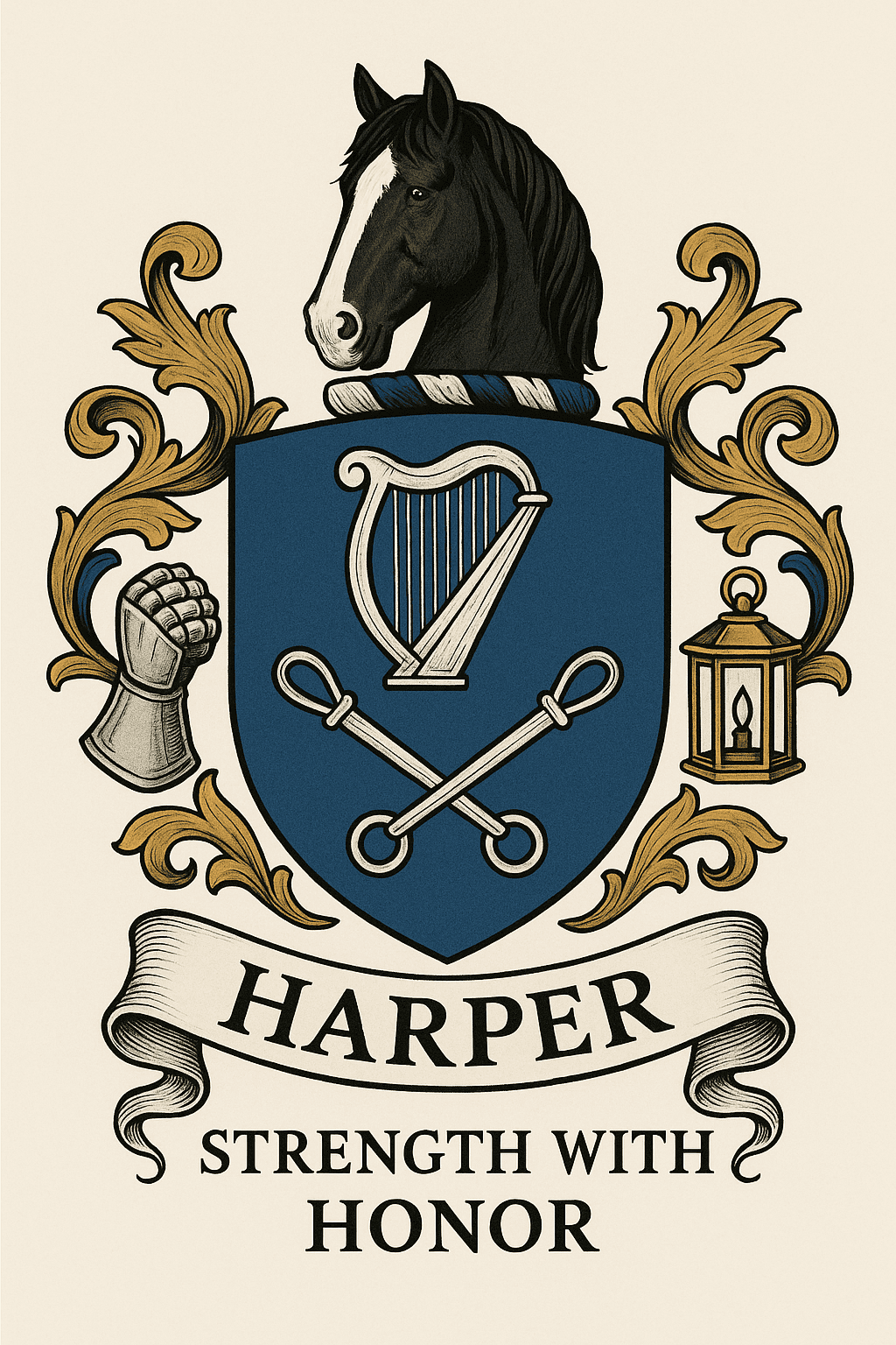 The Harper family crest: a Shire horse above a shield bearing a harp, with the motto Strength With Honor.